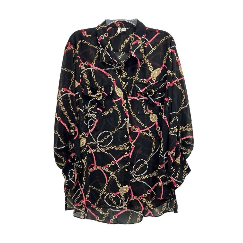 CATO Tunic Women 18/20W Chain Link Print Black Equestrian Roll Tab Sleeves
